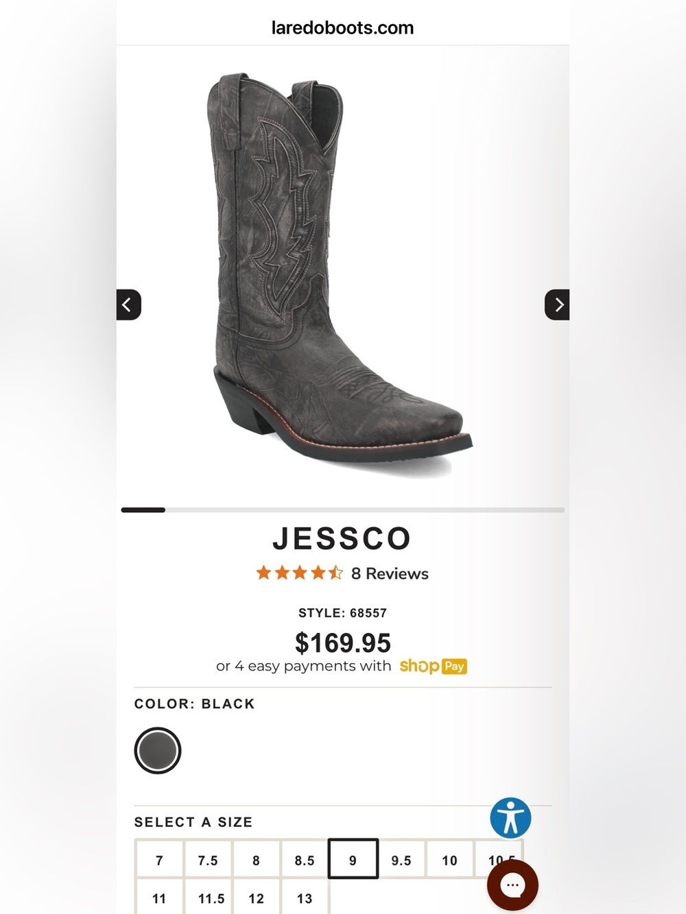 Laredo Men's Jessco Leather Square Toe Cowboy Boots - Sanded Black - 68557 Sz 9D - Picture 2 of 14